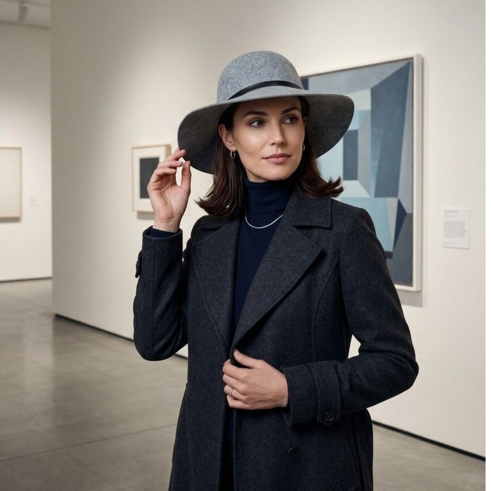 Nordstrom Grey 100% Wool Wide Brim Floppy Hat with Black Band One Size NEW